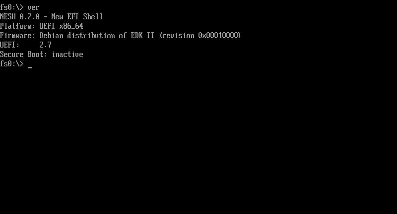 A NESH session: ver, map, ls of the examples folder, and a menu script picking a boot entry